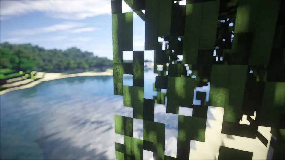 Leaves hanging in front of a calm Minecraft coastline rendered with shaders